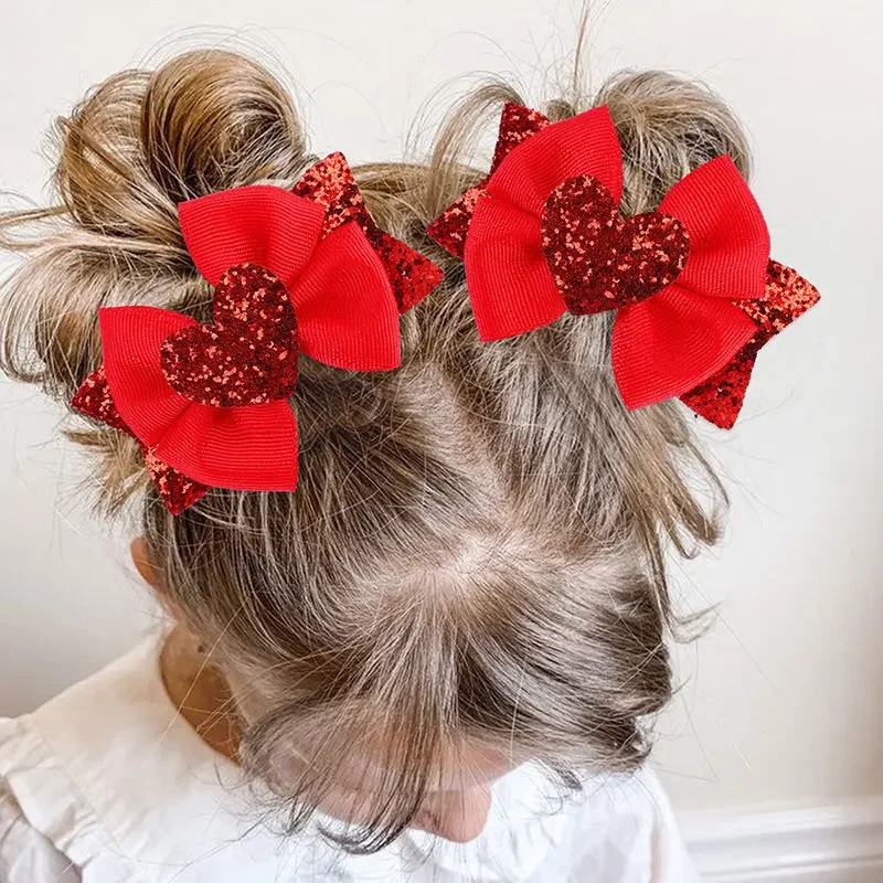 2pcs Valentine\'s Day Sparkly Bow Hairpins Sweet Ribbon Barrettes Kids Glitter Hair Bowknot Clips Children Hair Accessories