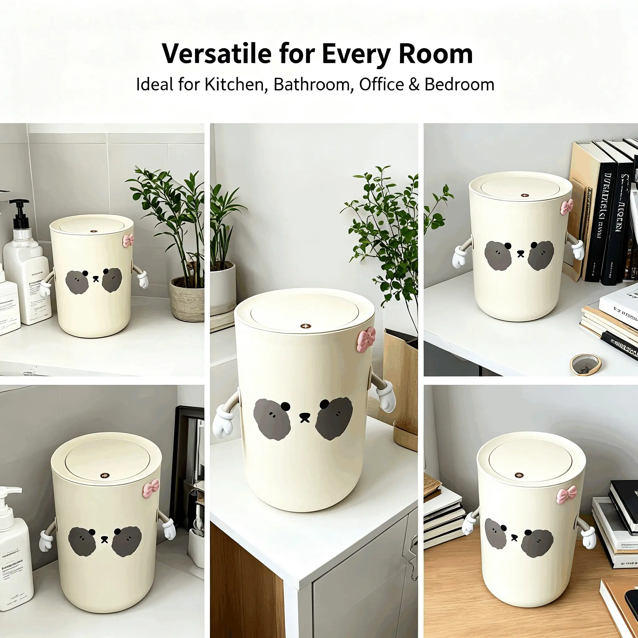 1pc Cream DIY Bow‑Decor Face Trash Can, Cartoon Round Lidded Household Bin With Hands & Legs, Bedroom Vanity Indoor Daily Home Scenes