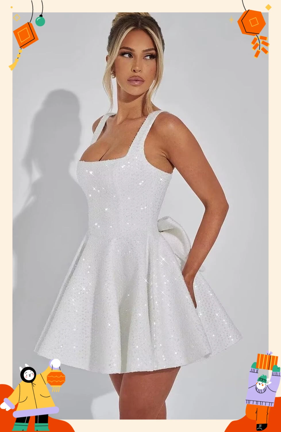 

Women Elegant Square Neck Sequin Homecoming Dresses 2026 Short Spaghetti Strap Sparkly Cocktail Party Dresses with Bow Ball Gown