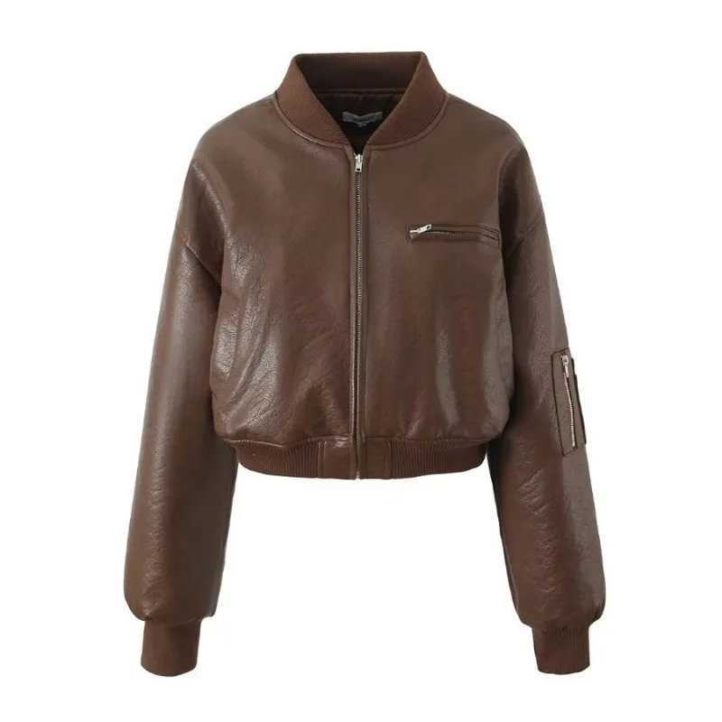 

Brown Women Jackets 2025 Autumn Winter New Spice Girl Style Stand Collar Zip Short Styles Slimming Jacket Fashion Leather Jacket