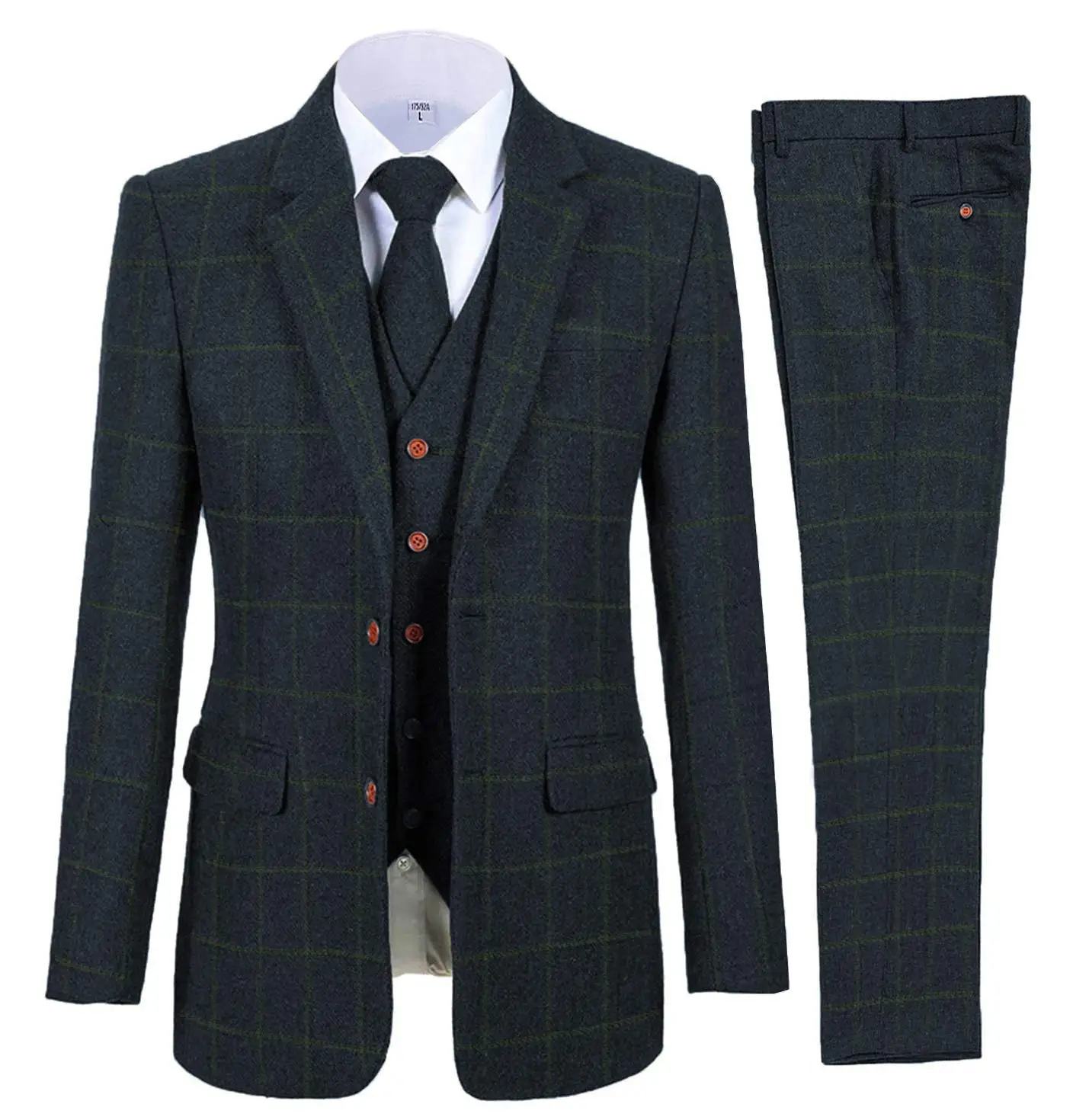 Men\'s Checked Tweed Three Pieces Tuxedos Notch Lapel Two Buttons Suit for Wedding Prom