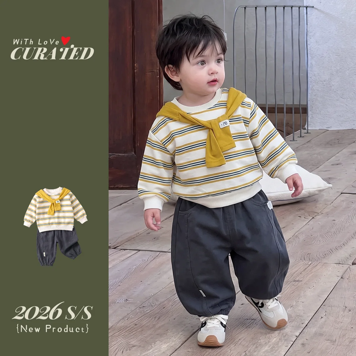 Boys' Autumn Clothes, Boys' Baby Detachable Hat, Korean Striped Hoodie, Casual Pants, Children's Set