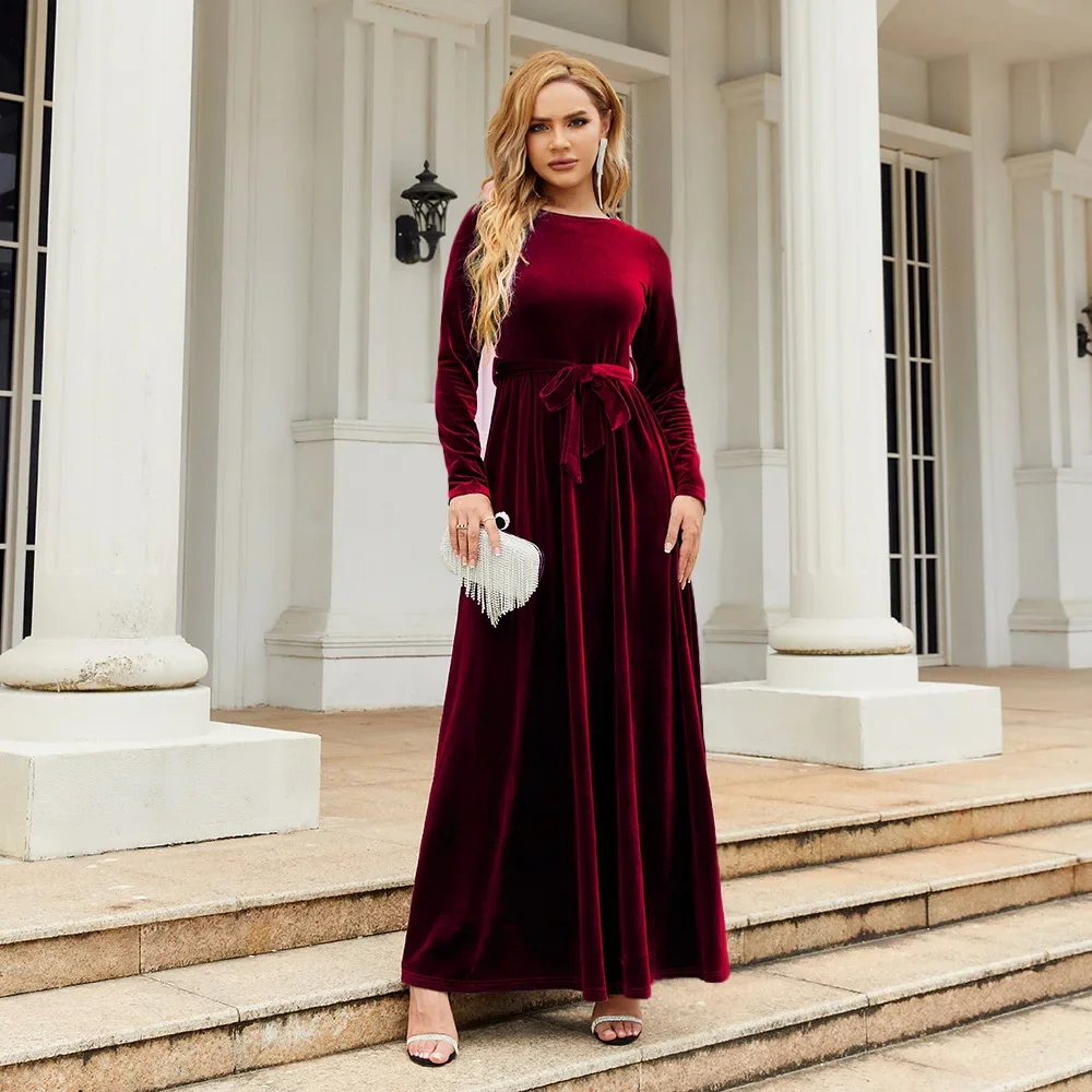 2023 Autumn and Winter Women\'s Fashion Elegant Long Dress Gold Velvet Solid Comfortable Versatile Round Neck Lace Up Dress