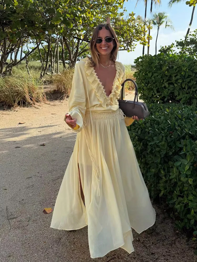 HH Women's Summer Yellow Long Sleeves Tierred Decoration Lace-Up Casual Shirts Light Female Elegant Fashion V-Neck Blouse