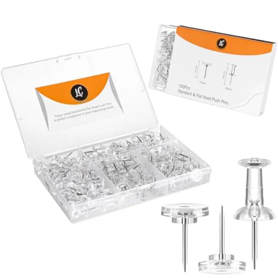 

150 Pack Assorted Clear Push Pins by for Bulletin Board, Wall Hanging, Cork Board, Shadow Box Display - Includes Flat Head Thum