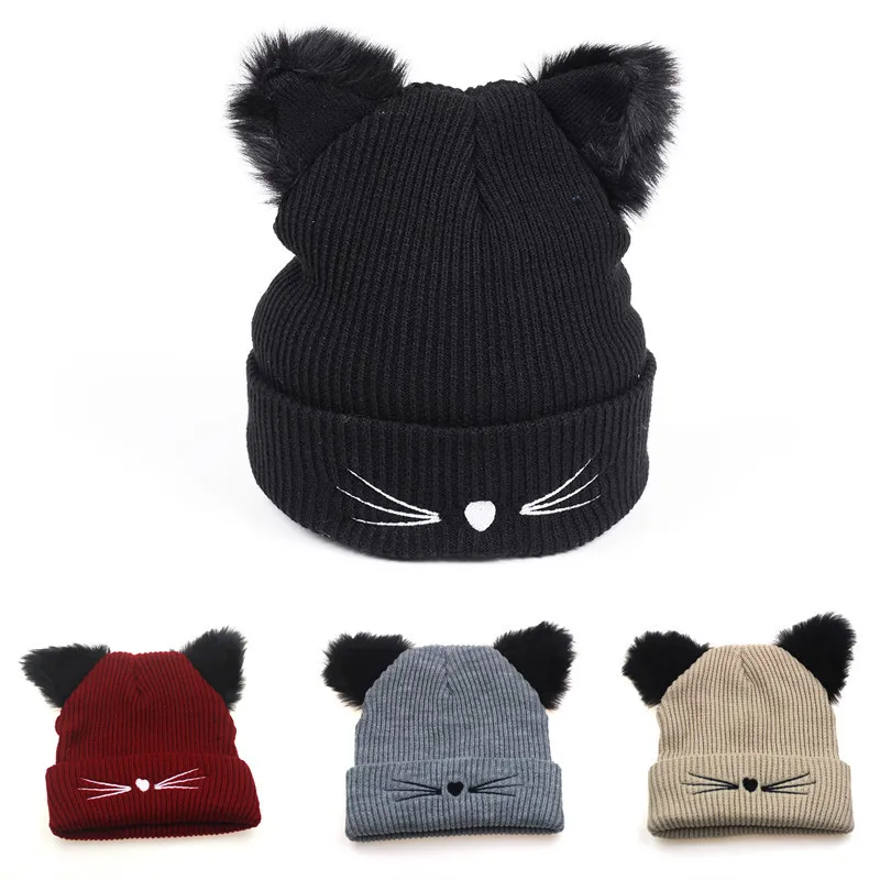 Cat Ears Hats Warm Winter Knit Trendy Beanie Cap with 2 Pieces Pom Poms for Women