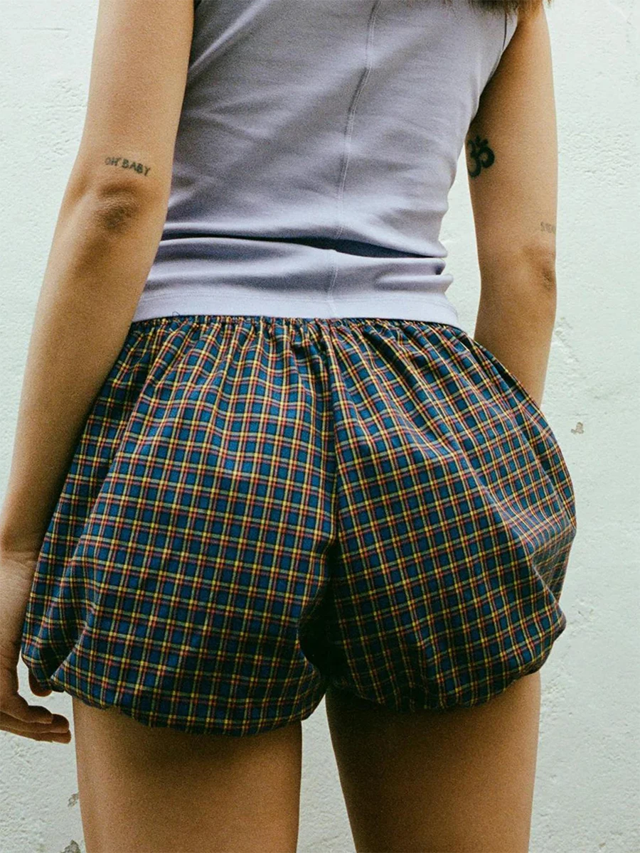 Women Plaid Shorts Elastic Waist Casual Shorts Summer Streetwear for Daily Date