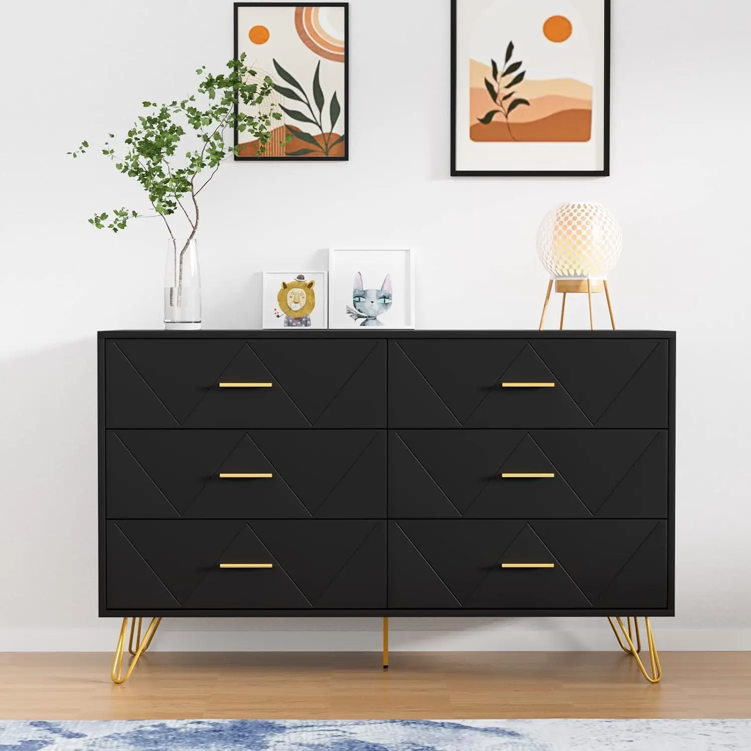 Black 6 Drawer Dresser with Wide Storage & Gold Handles, Modern Wood Chest for Bedroom Living Room Hallway Entryway, Customized