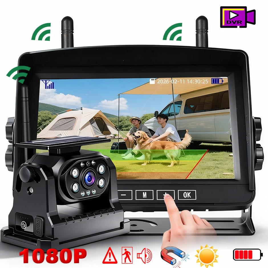 HD Wireless Solar Energy DVR Recording 7 Inch Monitor Rear View Backup Camera Reversing Cam Dual for Camper/Truck/Trailer/RV/Bus