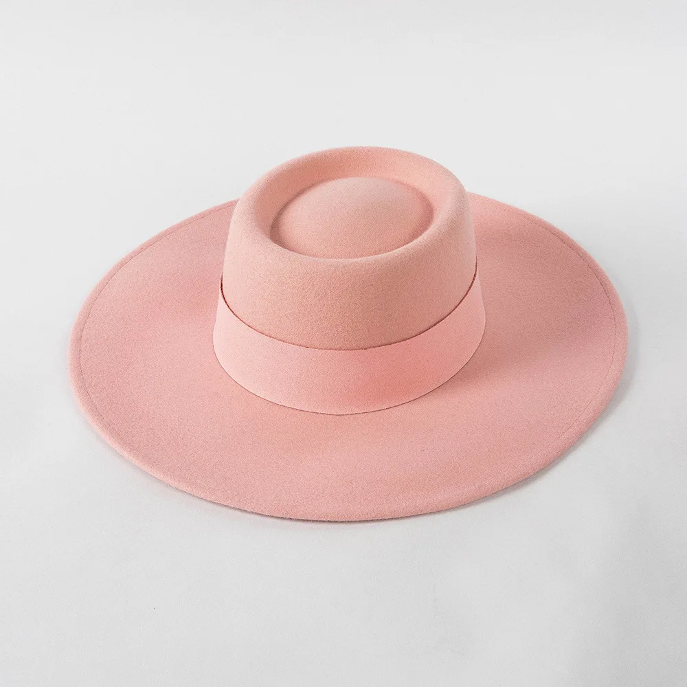 Autumn Winter New Fashion Casual Velvet Trim High Round Ring Top Wide Brim Wool Fedora Hat Internet Celebrity Concave Shape Hat