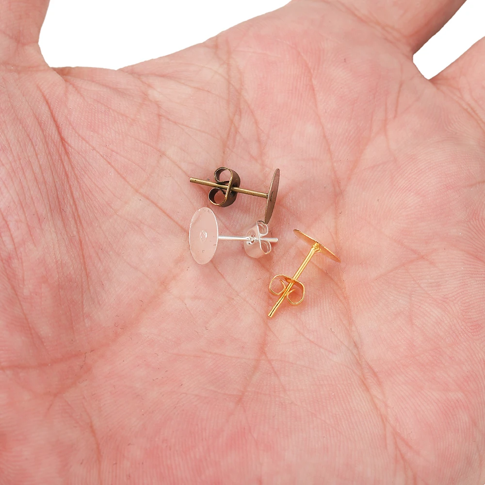 100Pcs 4-10mm Gold Color Earring Studs Blank Post Base Pins With Earring Plug Findings Ear Back for DIY Jewelry Making Supplies