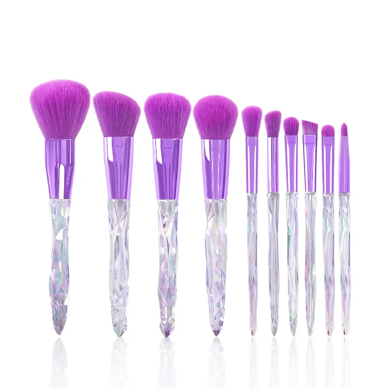 10pcs/set Faux Crystal Handle Makeup Brushes Portable Loose Powder Blush Eye Shadow Brow Lip Multifunction Cosmetic Brush Kit