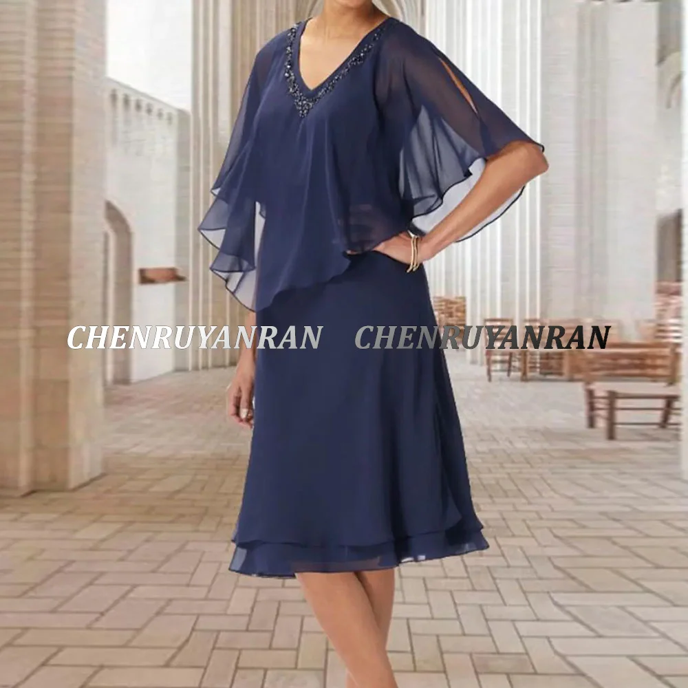 Vestido de chiffon linha A feminino, vestido azul para a mãe da noiva, vestido de casamento para convidados, 2023