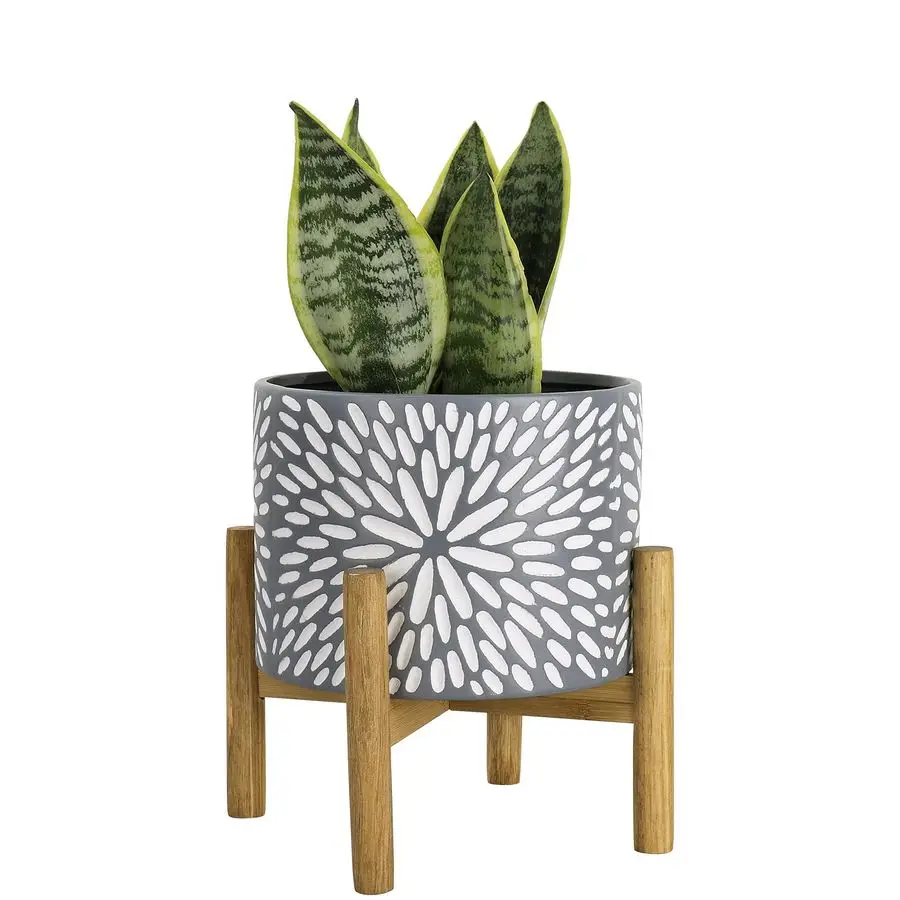 

JOLIE MUSE Ceramic Planter with Wood Stand 8 Inch Unique Modern Flower Pots Indoor with Wood Planter Holder and Drainage, Frost