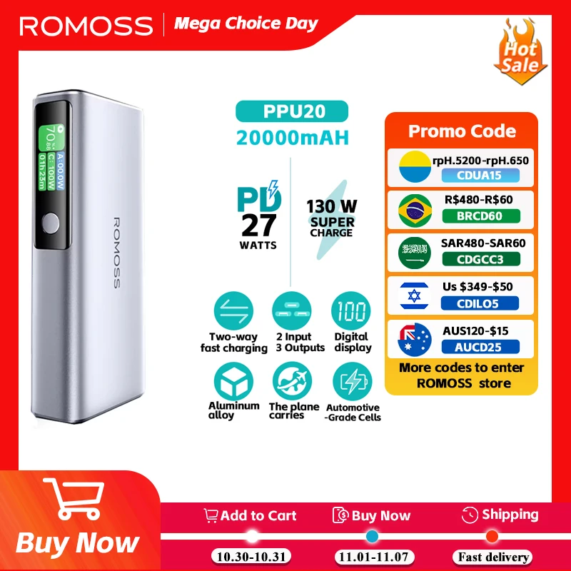 ROMOSS PPU20 PD 130W Fast Charging Power Bank 20000mAh Portable External Battery Powerbank for iPhone   Xiaomi HUAWEI