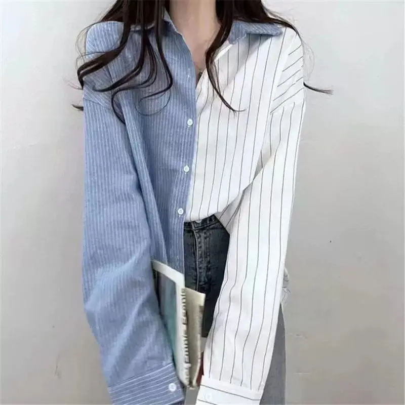 Fashion Striped Shirt Women's Spring and Autumn Loose Stitching Single-Breasted Ladies Blusas Casual Top Female Blouses