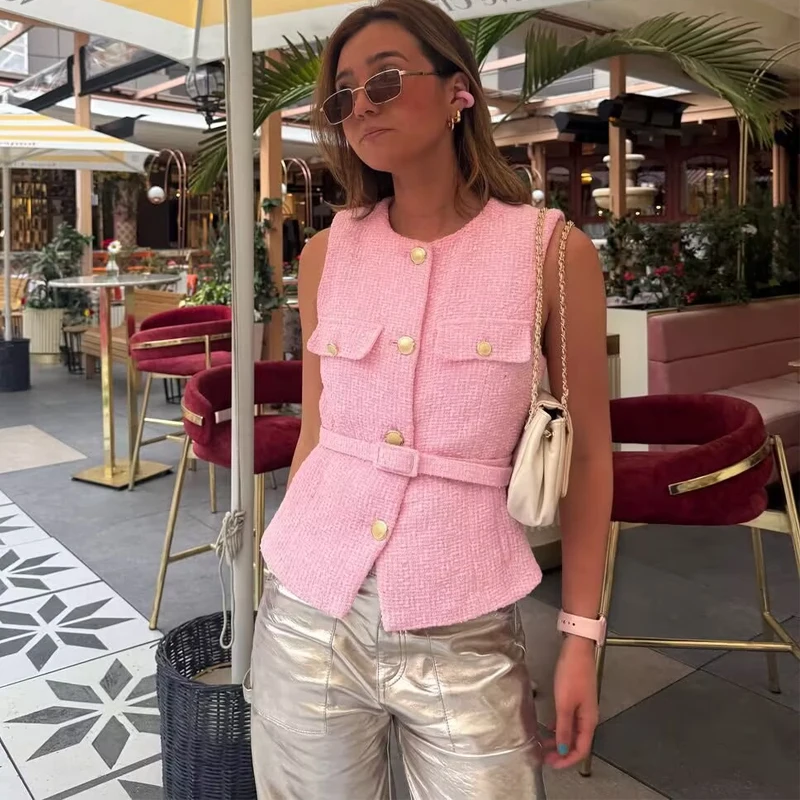 HXAO 2025 Women's Vest Jackets Cropped Sleeveless Vest Woman Outerwears Belt Summer Casual Coats Black Pink Vest Button Jacket