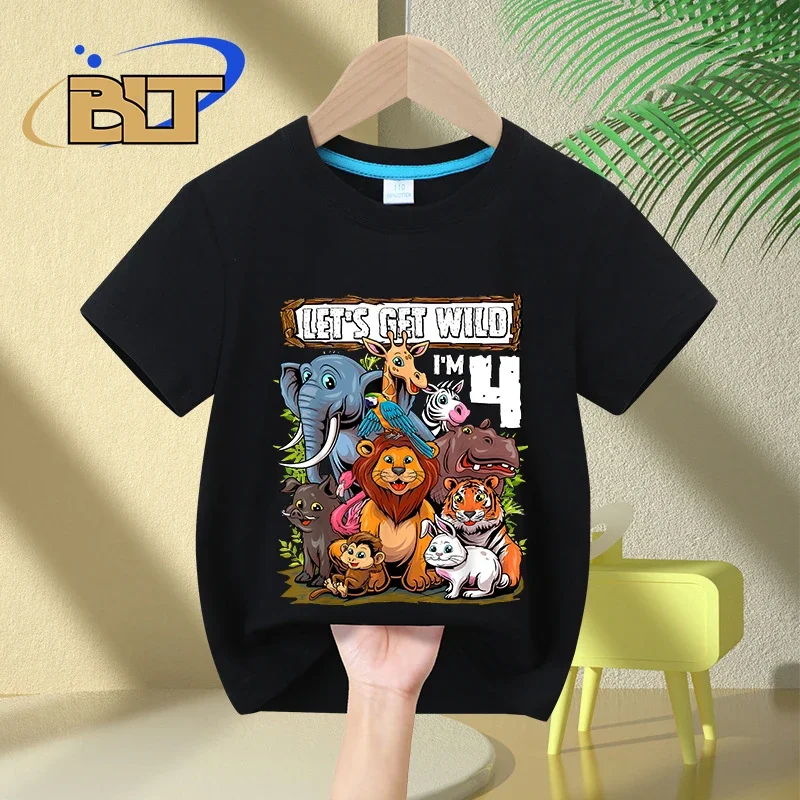 Camiseta infantil de algodão de manga curta, estampa safari, presente de aniversário infantil de 4 anos, verão