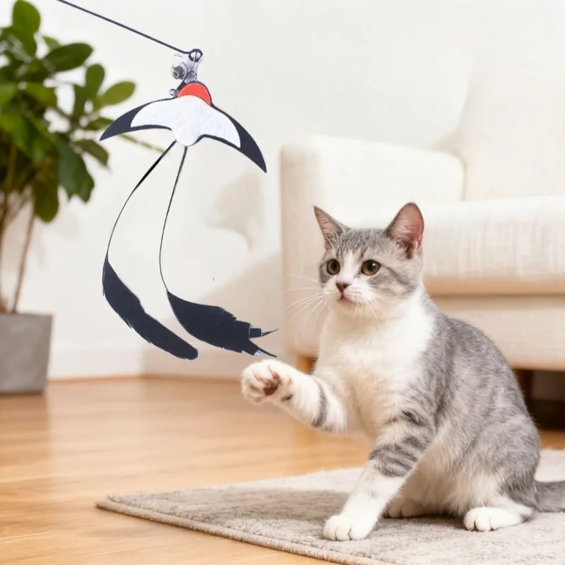

Cat Toys Feather Wand Interactive Replaceable Swallow Heads with Bell Soft Feather Refills Boredom Relief Fun Plaything Boost