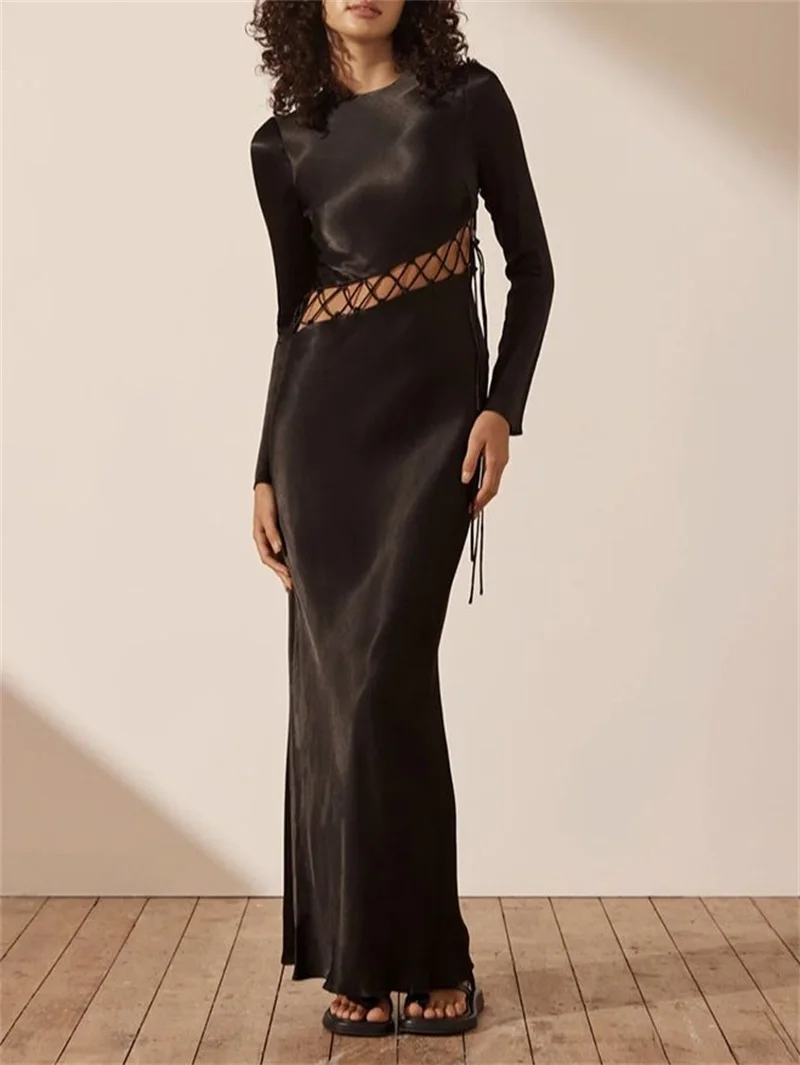 Luxury Satin Evening Robes With Hollow Waistband Sexy Long Sleeves Party Gown Solid Rround Neck Full Ankle Length Prom Gown