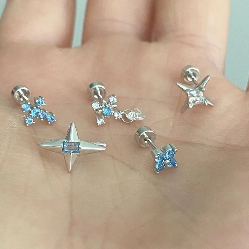 1PCS Blue Zircon Cross 316L Stainless Steel Annular Ear Bone Nail New Fashion Earrings for Women Y2K Punk Jewelry