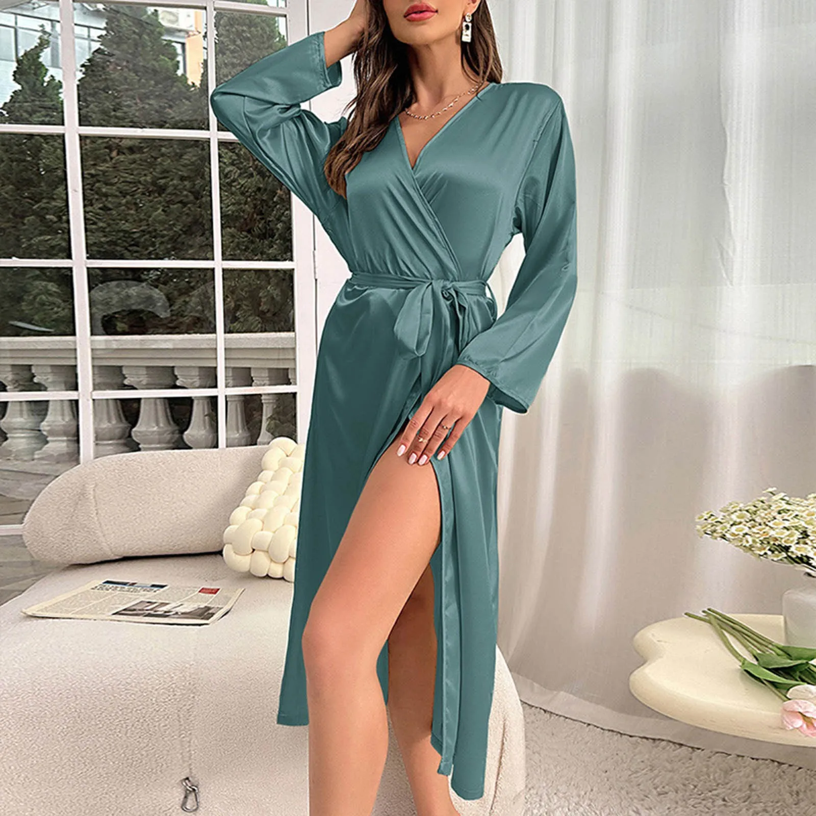 Solid Color Satin Night Robe Sexy Breathable Sleepwear For Womens Home Cardigan Lady pajama Elegant V Neck House Robe With Belt