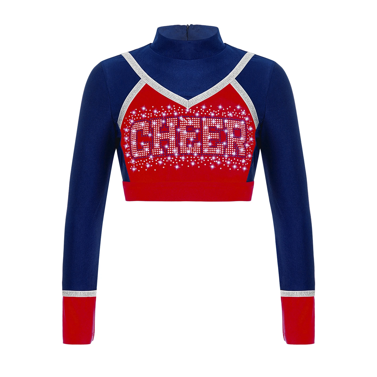 

Kids Girls Cheerleading Dance Performance Tops Glittery Rhinestone Letter Pattern Contrast Color Patchwork Long Sleeve Crop Top