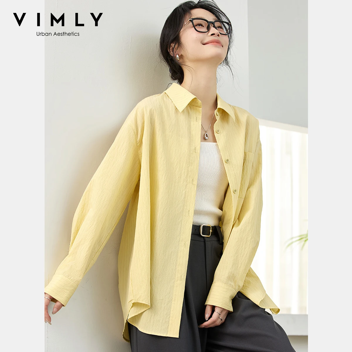 VIMLY Camicie da donna Manica lunga a righe gialle Top da donna Donna 2025 Casual Autunno Nuovo collo a polo Bottoni Camicette femminili A2215