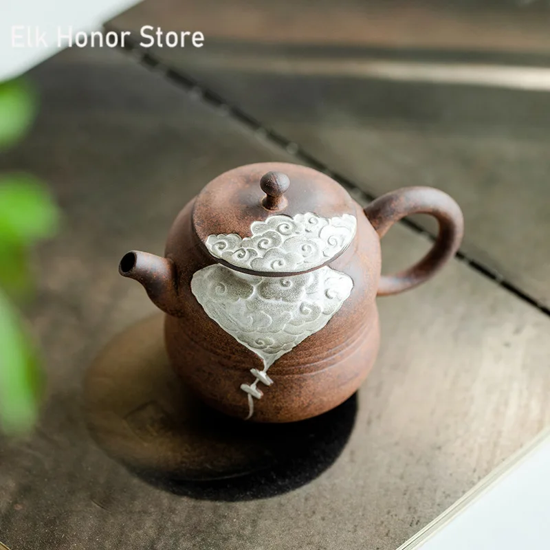 170ml Handmade Old Rock Mud Silver Teapot Antique Curly Nail Pot Household Tea Maker Kettle with Strainer Tea Equipment Craft