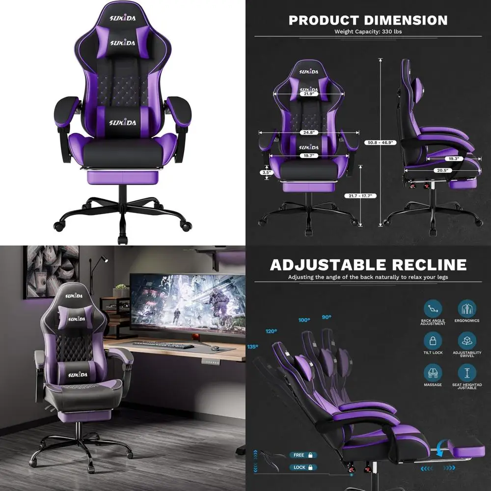 Ergonomic Gaming Chair with Lumbar Support, Massage, Swivel, Height Adjustable, and Headrest for Adults - Comfortable Computer C
