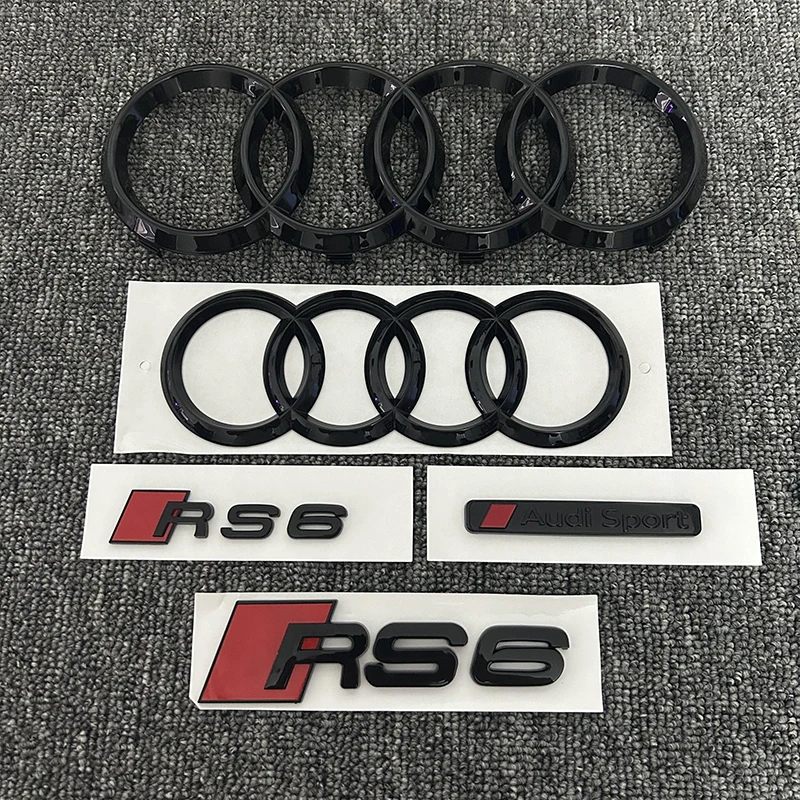 AUDI RS6 2016-2020 4Ring logo ABS Black Car Hood Front Grill Emblem Rear Trunk Badge Sticker 2P RS6 1P AUDI Sport  Emblem