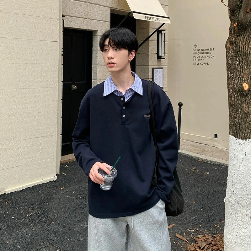 

Korean Sle Men's Long Sve irt Collar Hoodie Autumn Faion Casual Loose Fit Sweater Heavyweight Overhead Jaet