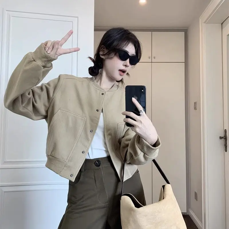 Khaki Wool Blend Varsity Women 2026 Fall Winter Short Cropped Coat Petite Chic Casual Bomber Outerwear