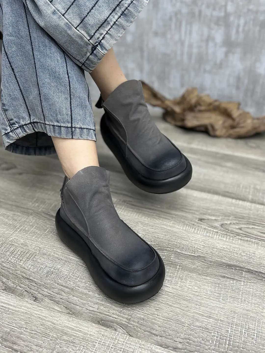 Birkuir Retro Flat Platform Short Boots For Women Thick Heel Soft Ankle Boots Back Zip Genuine Leather Luxury Platform Shoes