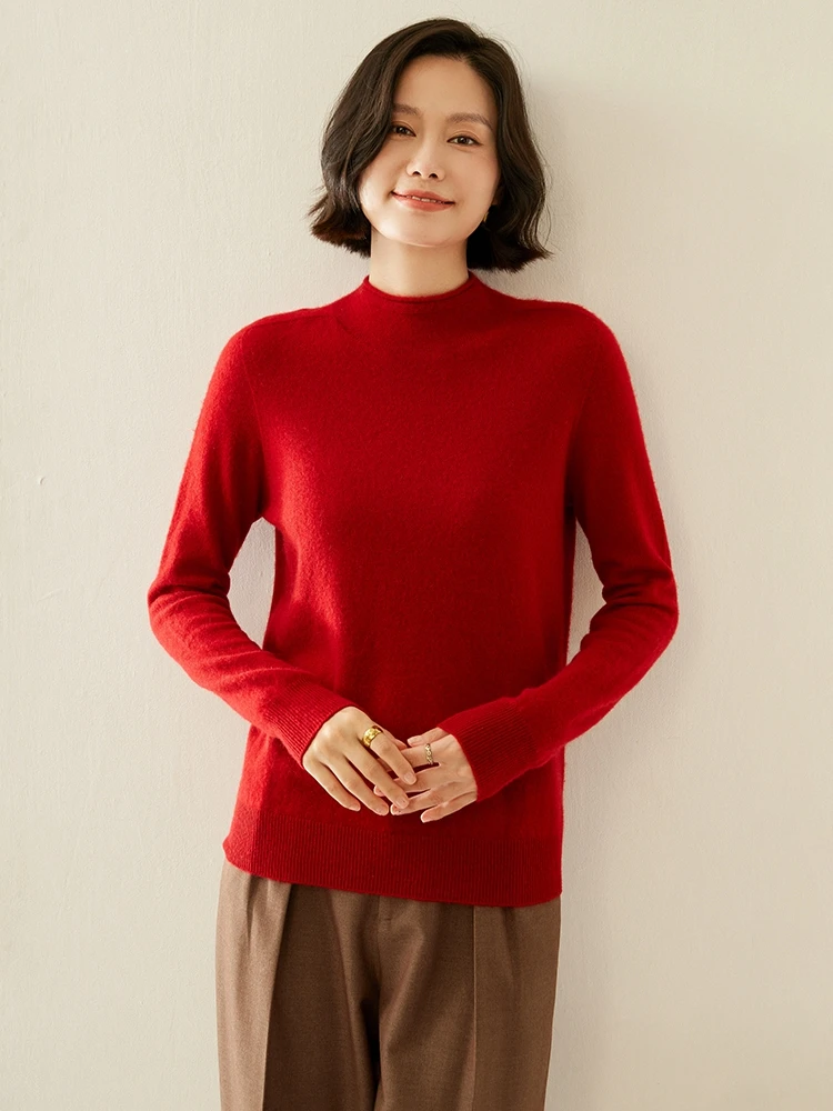 Aliselect المرأة أسفل البلوز سترة الكشمير المعنقة الخريف الشتاء الأساسية وهمية الرقبة عادية بسيطة 100% الكشمير تريكو الملابس