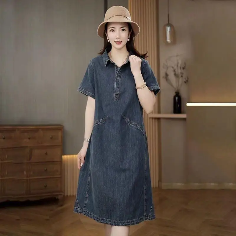 Summer Women's Loose Fit Mid-Length Denim Dr Thin Casual New Sle A-Line Skirt Slimming Meat Covering ort Sve Dr