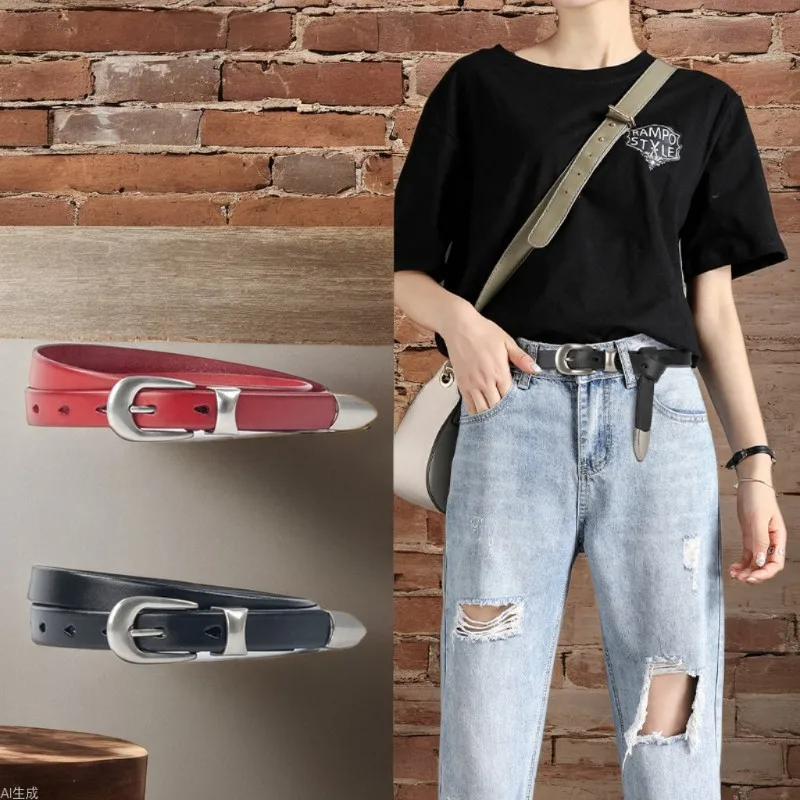 

New retro European and American casual top layer cowhide thin waistband belt, needle buckle personalized matching denim belt