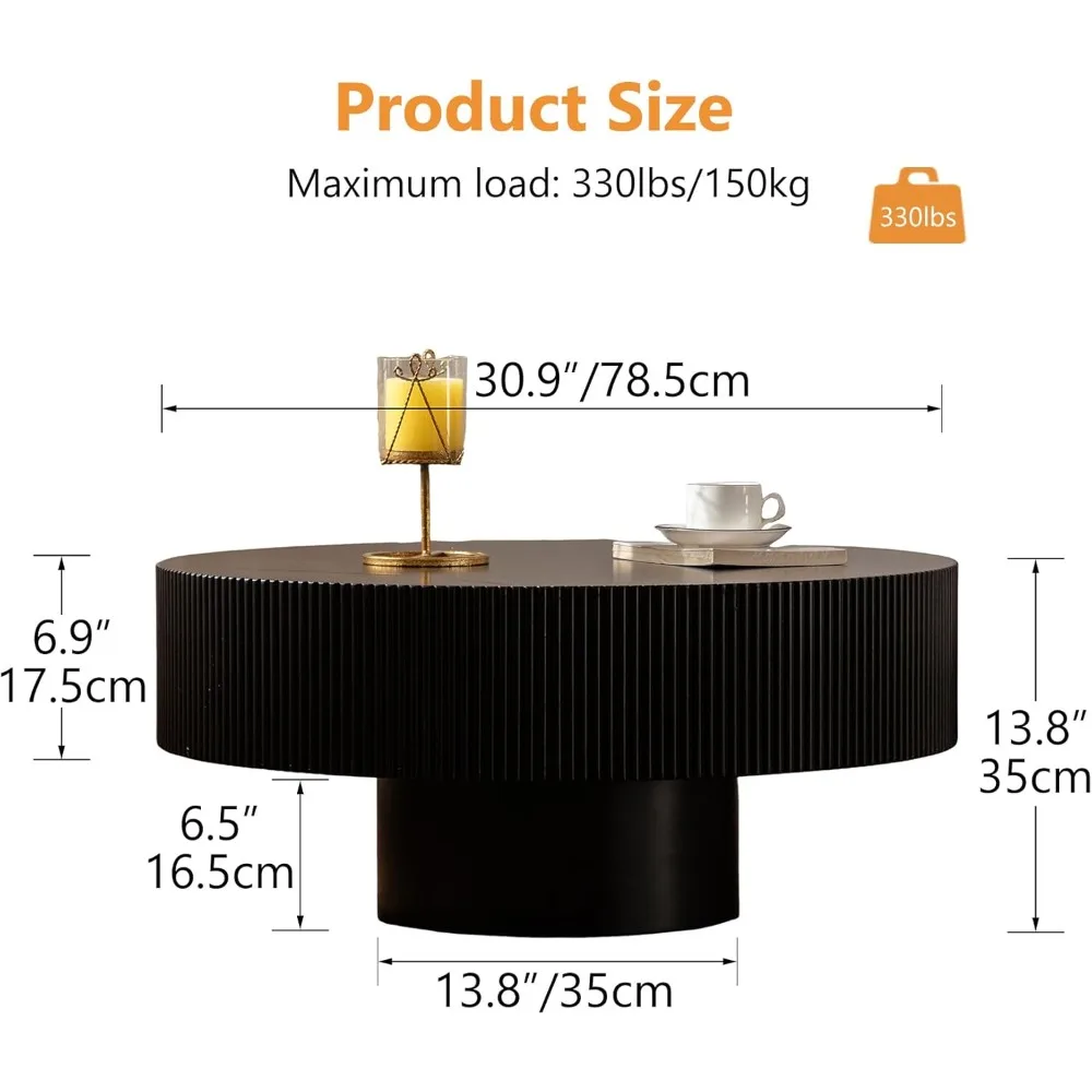 モダンな木製ラウンドコーヒーテーブル - 手作りドラムコーヒーテーブル、丈夫なベース、簡単な組み立て、現代的なスタイルの小さなコーヒーテーブル