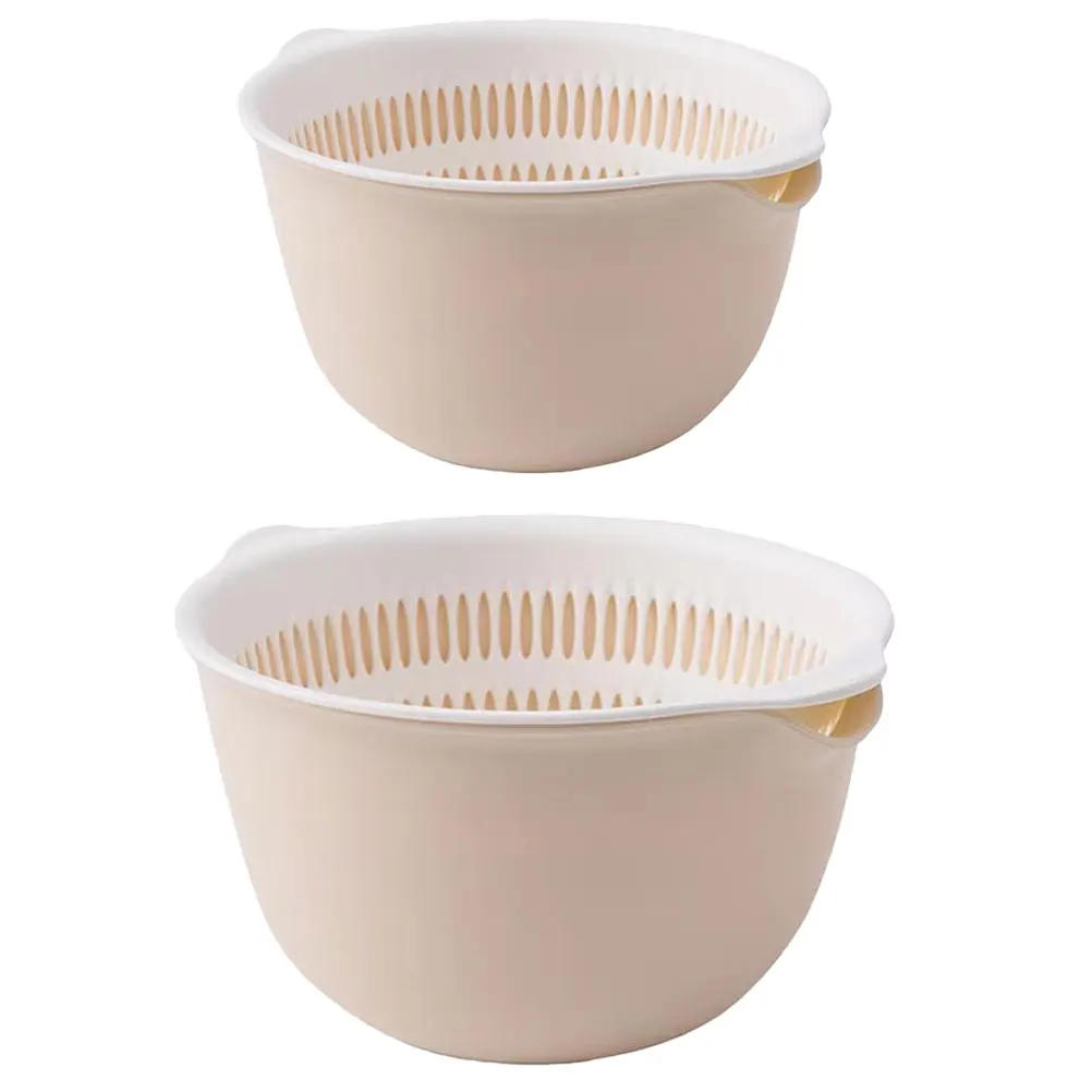 

2 Sets Double layer Drain Basket Vegetable Sink Kitchen Rice Washing Fruit Storage Large Small Pink Plastic Strainer