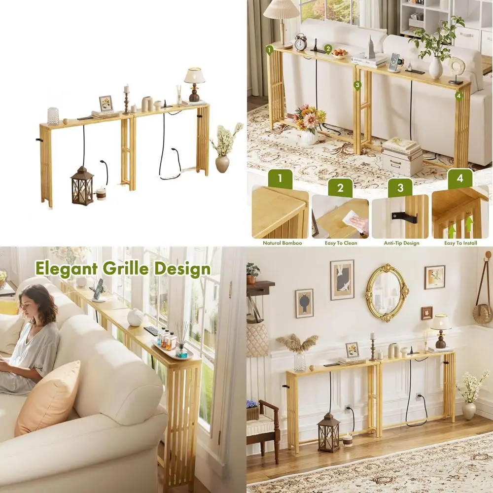 

2-Piece Natural Wood Sofa Back Table Set, 78.6 Long & 7.87 Wide, Bamboo, Water-Resistant, Ideal for Living & Bedroom Spaces