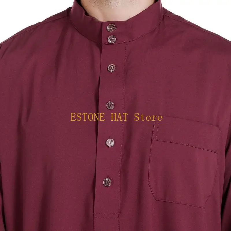 49MF Ramadan Muslim Dress Abayas Dubai Casual Kaftan Robe Islamic Costume with Long Sleeve Stand Collar Thobe Gift for Men