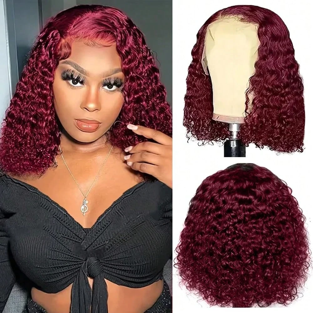 

99j Burgundy Curly Bob Human Hair Wig 13x4 Hd Lace Front Wig 200% Density Short Burgundy Deep Wave Human Hair Wigs