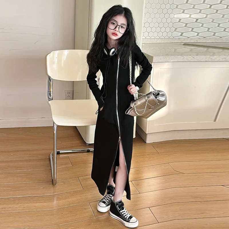 

Girls 2024 hooded long skirt, spring and autumn clothing, westernized mid length knitted sweater, Korean version dress