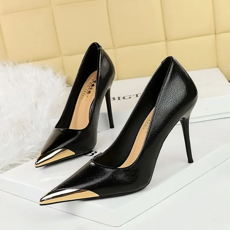 

BIGTREE Shoes Metal Pointed Tip Women Pumps Fashion High Heels Ladies Shoes Stilettos Heels Pu Leather Female Pumps 2024 New