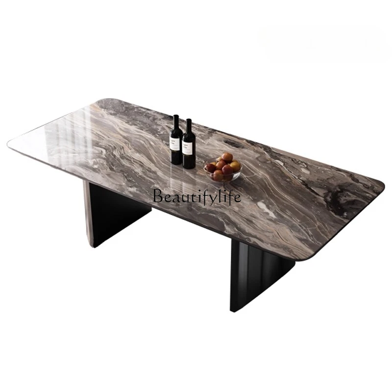 

Natural Venetian brown marble dining table rectangular household Italian light luxury high-end villa dining table luxury stone