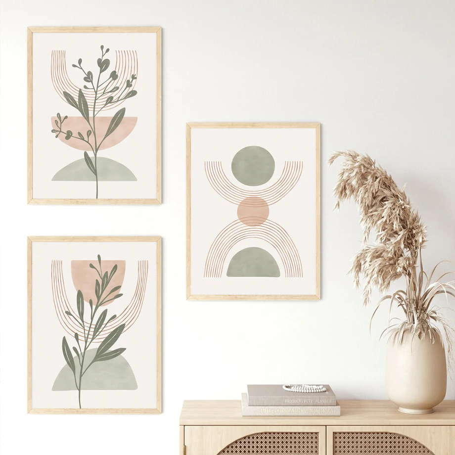 Boho Green Leaf Sun Rainbow Geometry Wall Art Canvas Painting Abstract Lines Posters And Prints Pictures For Living Room Decor