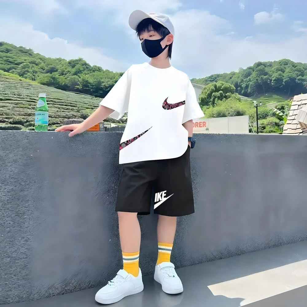

Summer refreshing cool T-shirt Print Children Short Sleeve Age 3-12 Girls boy Set white Tshirt+Shorts 2pcs youngster Kids Set