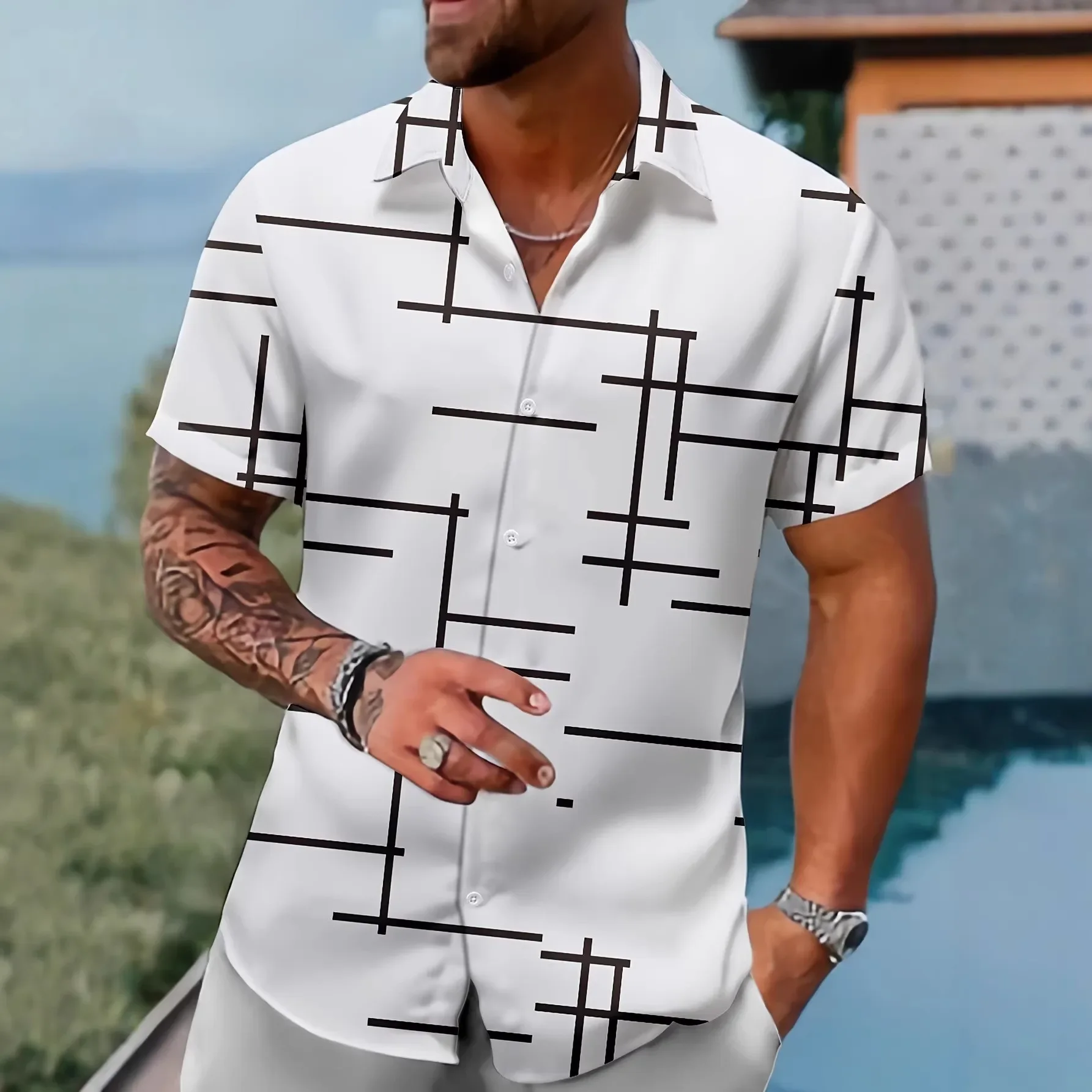 

Summer Men's Casual Versatile Simple Top Cross-border Trend 3D Printed New Striped Short Sleeved Shirt for Men