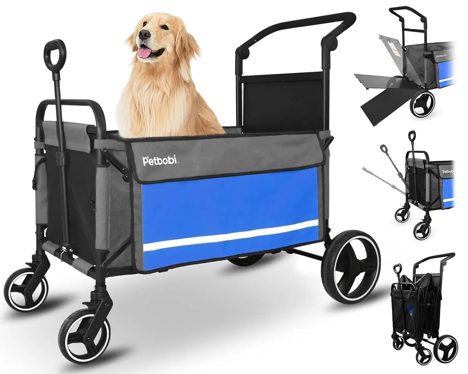 Dog Wagon for Large Dogs, Push & Pull Foldable Pet Cart with Ramp | Fits Medium & Heavy Breeds Up to 80 lbs, 360° Swivel Strolle