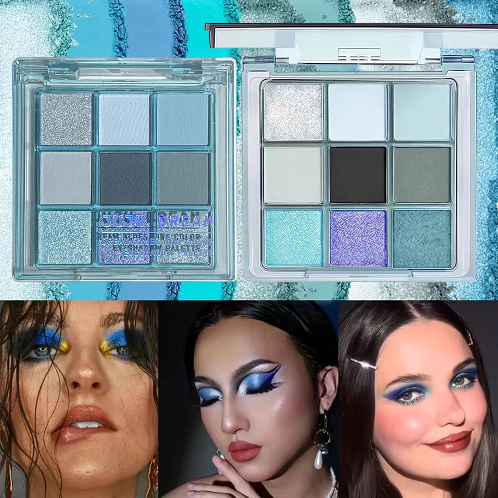 Palette di ombretti blu a 9 colori, tonalità luccicanti perlescenti opache, impermeabili, resistenti al sudore, a lunga durata, facile miscelazione, unisex
